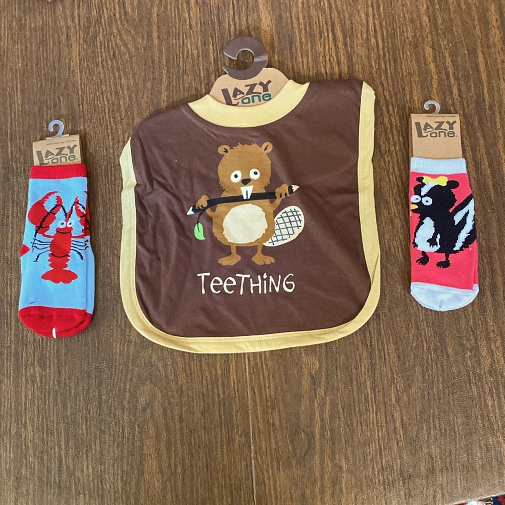 Lazy One Bib and Socks. Infant Medium socks and one size bib. New with tags.